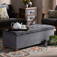 Baxton Studio BBT3101-Grey Velvet/Walnut-Otto Roanoke Modern and Contemporary Grey Velvet Fabric Upholstered Grid-Tufted Storage Ottoman Bench